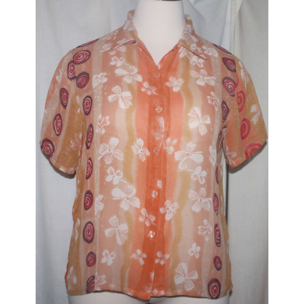 Women's Mileage Tan & Orange Sheer Button Down Hawaiian Floral Top Size 1X